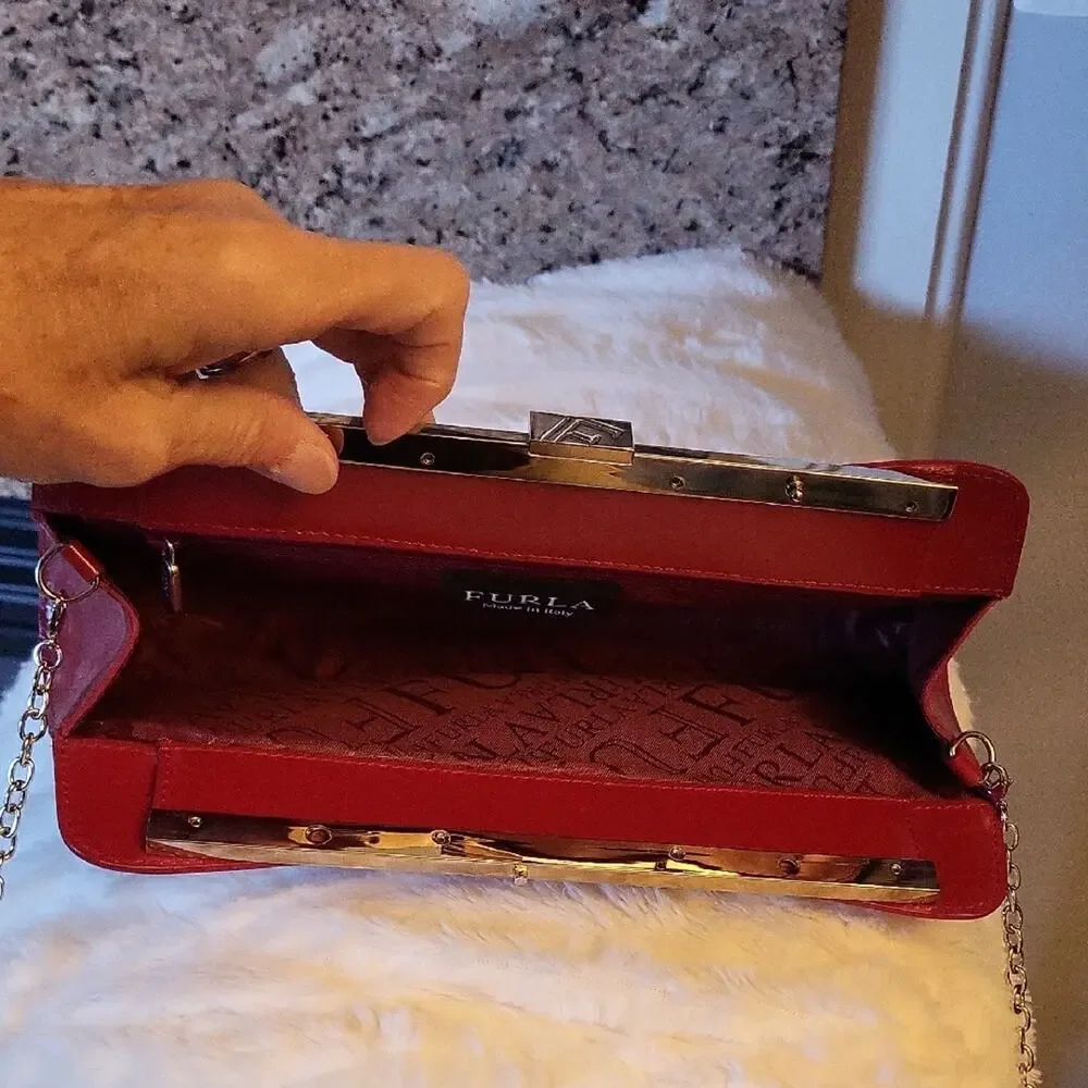 FURLA Red Clutch Luxury Bag with Metal Strap